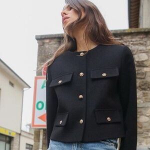 Zara Black Tweed Blazer with Gold Buttons size small